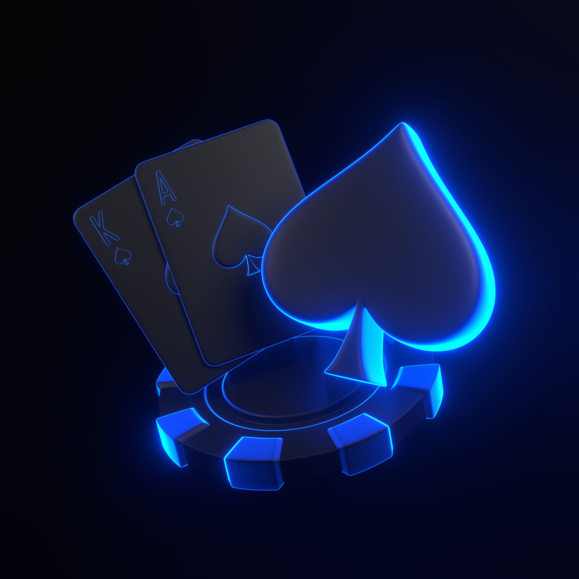 Neon Blue Spade Card Set with Poker Chip. 3D render illustration
