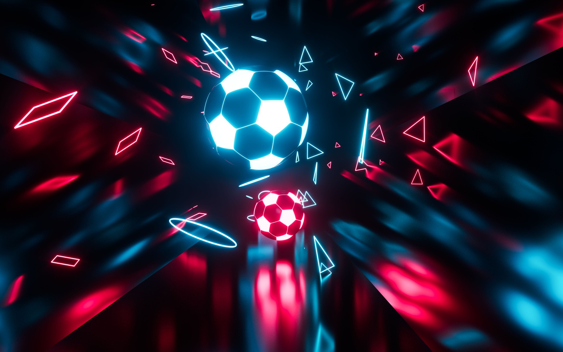 Football and geometric figure  with neon background, 3d rendering.